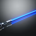Blue Glowing Lightsaber Weapon With Metallic Hilt And Reflective Blade On Black Background