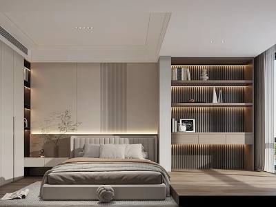 Modern Minimalist Bedroom Interior With Platform Bed Built In Bookshelves And Warm Lighting 3d model