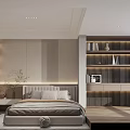 Modern Minimalist Bedroom Interior With Platform Bed Built In Bookshelves And Warm Lighting