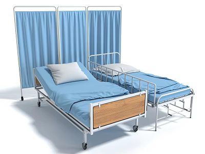 Medical Equipment Hospital Beds With Blue Sheets Wooden Headboards Metal Frames And Privacy Curtains 3d model