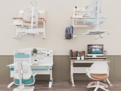 Modern Study Desk Designs With Chair Bookshelf Plant And Computer Setup 3d model