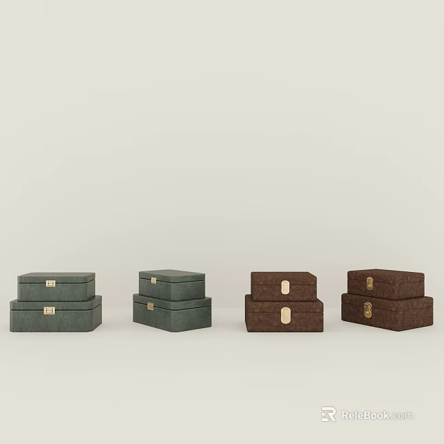 Elegant Tea Set Storage Boxes Stacked In Green And Brown Leather Design 3d model 