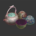 Elegant Green Tea Set With Golden Handle Teapot And Decorative Teacups