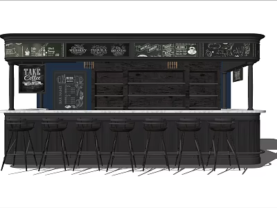 Stylish Black Bar Interior With High Stools Chalkboard And Shelves Design 3d model