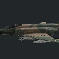 Military Fighter Jet with Camouflage Paint Weaponry and Cockpit Flying in Dark Background