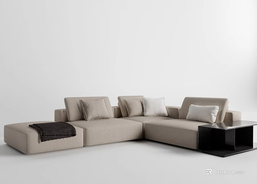 Beige L Shaped Sectional Sofa With Cushions Blanket And Black Side Table 3d model