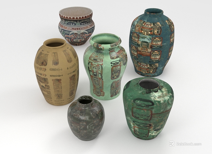 Collection of Colorful Ceramic Vessels with Various Intricate Decorative Patterns 3d model 