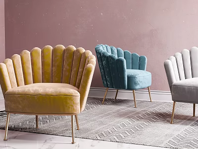 Scalloped Accent Chairs Mustard Teal Gray With Gold Legs Against Blush Pink Wall Patterned Rug 3d model