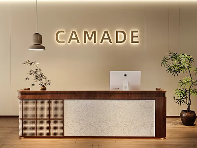 Modern CAMADE Reception Desk With Wooden Marble Top Illuminated Sign Apple iMac And Potted Plants 3d model