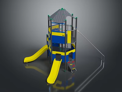Outdoor Children Playground Structure With Yellow Slides Blue Panels And Multi Level Climbing Area 3d model