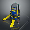 Outdoor Children Playground Structure With Yellow Slides Blue Panels And Multi Level Climbing Area