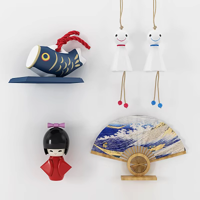 Japanese-style Ornaments Combination Rain Doll Fan Ornaments Combination 3d model