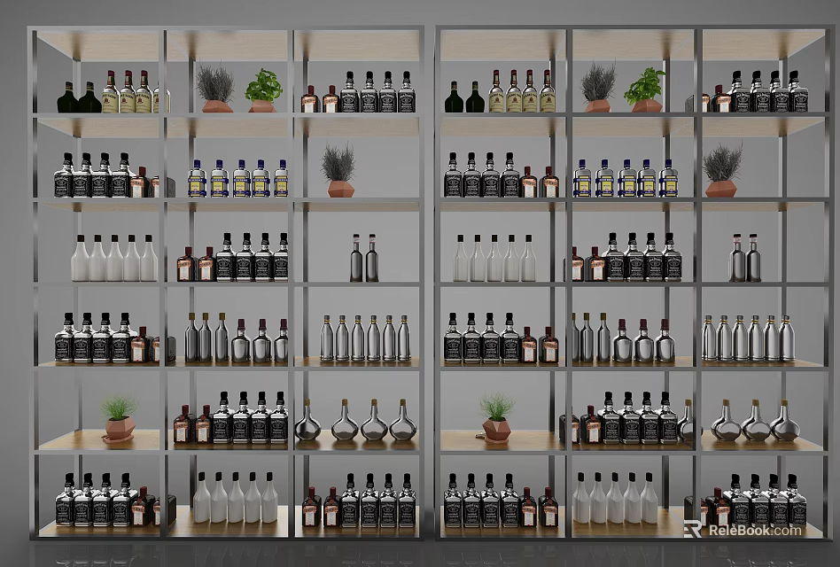 Modern Storage Shelving Unit With Various Bottles And Green Plants Display Arrangement 3d model 