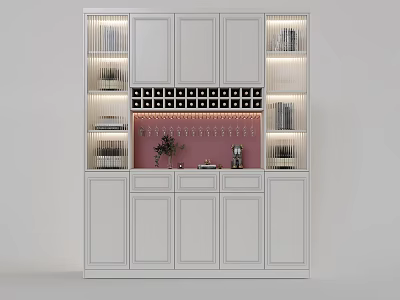 Modern White Wine Cabinet With Illuminated Shelves Built in Wine Rack And Decorative Pink Plant 3d model