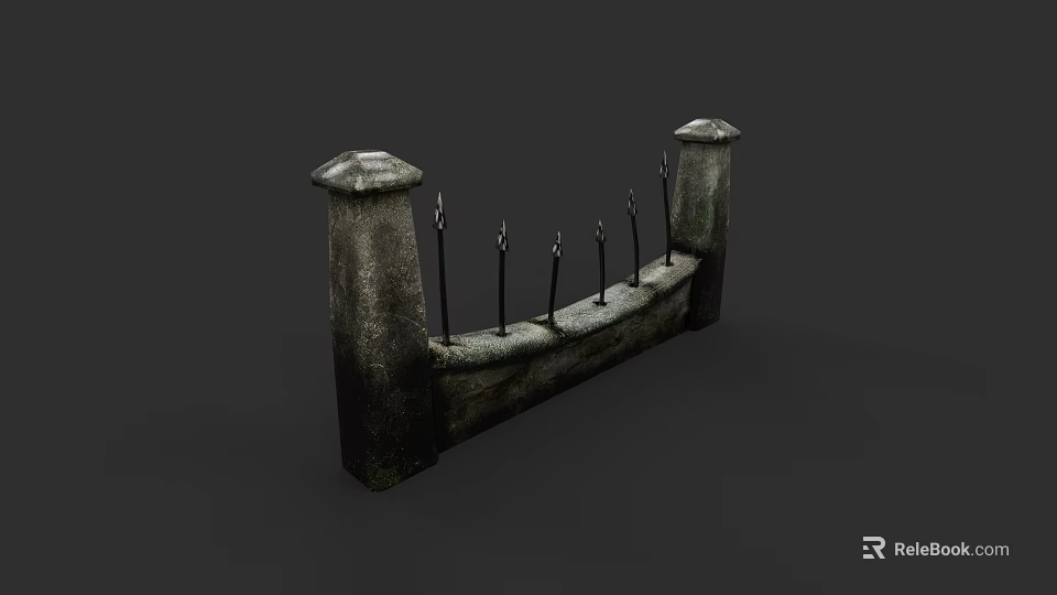 Stone Fence With Decorative Pillars And Metal Spikes For Garden Security 3d model 