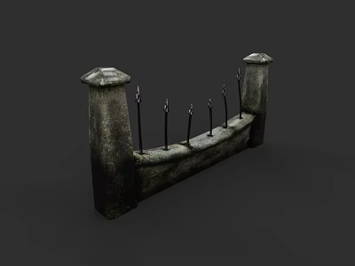 Stone Fence With Decorative Pillars And Metal Spikes For Garden Security 3d model