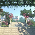 Residential Landscape With Arch Pergola Climbing Vines Stone Steps And Pink Flower Pots