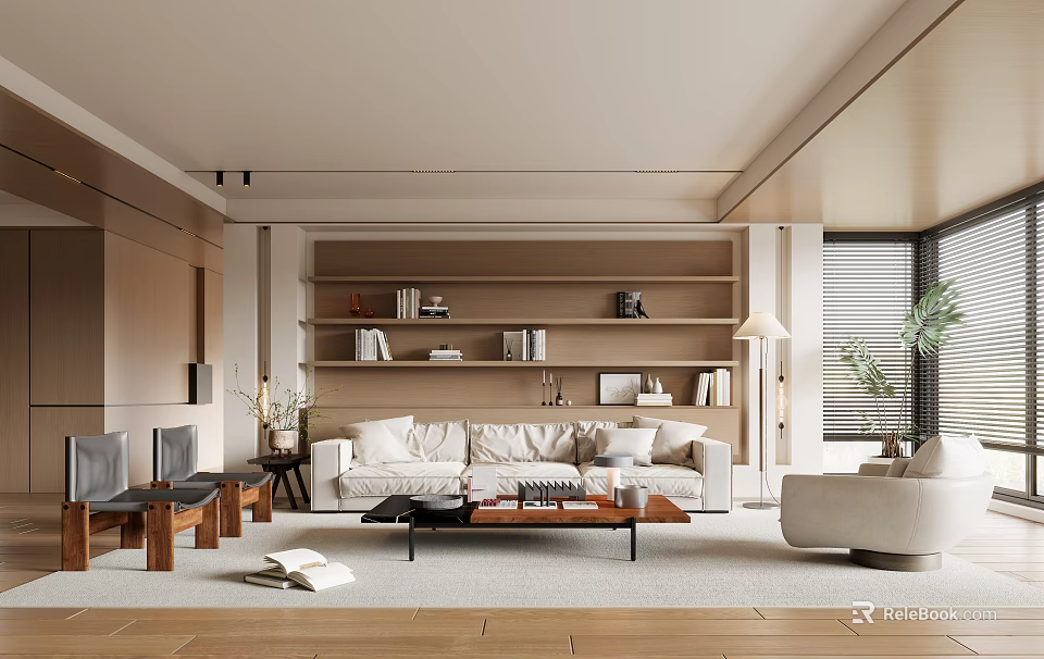 Modern Living Room Interior Design With Beige Sofa Wooden Bookshelf Coffee Table And Floor Lamp 3d model 