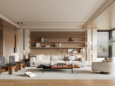 Modern Living Room Interior Design With Beige Sofa Wooden Bookshelf Coffee Table And Floor Lamp 3d model