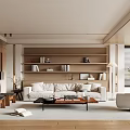 Modern Living Room Interior Design With Beige Sofa Wooden Bookshelf Coffee Table And Floor Lamp