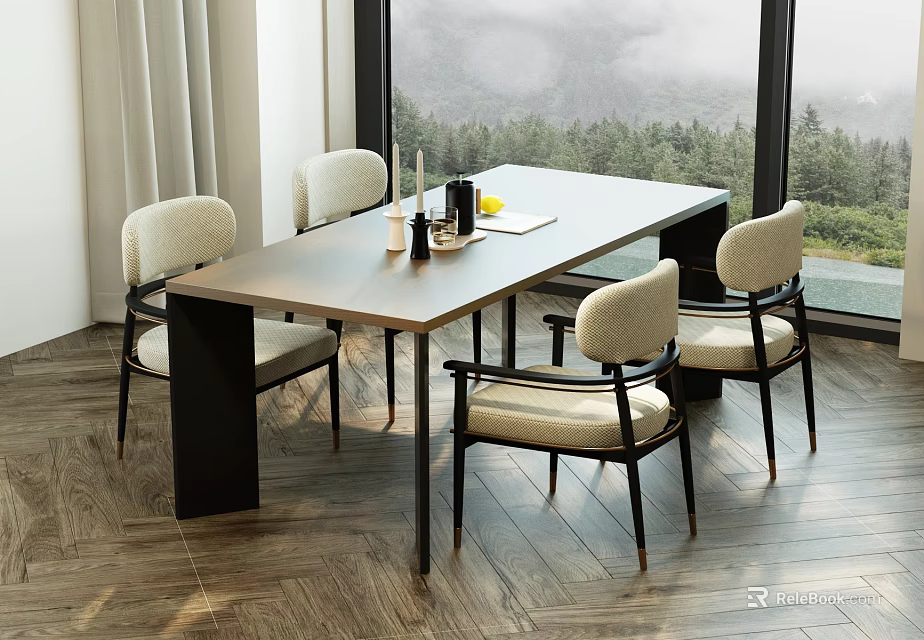 Modern Restaurant Interior With Long Table Chairs Tableware And Mountain View Through Window 3d model 