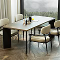 Modern Restaurant Interior With Long Table Chairs Tableware And Mountain View Through Window