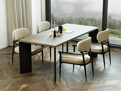 Modern Restaurant Interior With Long Table Chairs Tableware And Mountain View Through Window 3d model