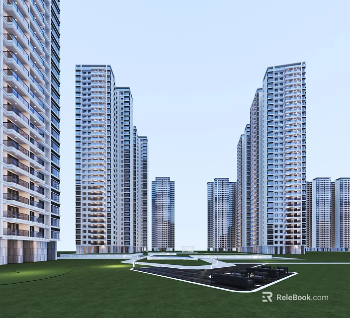 Modern High Rise Residential Buildings Exterior With Green Lawn And Community Space 3d model 