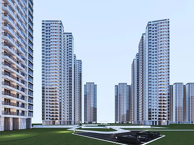 Modern High Rise Residential Buildings Exterior With Green Lawn And Community Space 3d model
