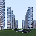 Modern High Rise Residential Buildings Exterior With Green Lawn And Community Space