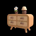 Brown And Beige Four Drawer Nightstand With White Flower Potted Plant And Beige Lampshade Lamp