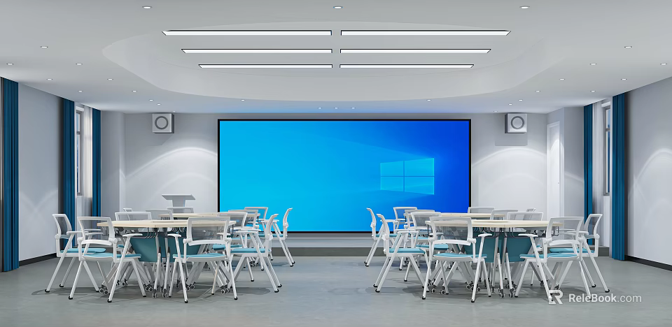 Modern School Classroom With Large Screen And Desks Chairs 3d model