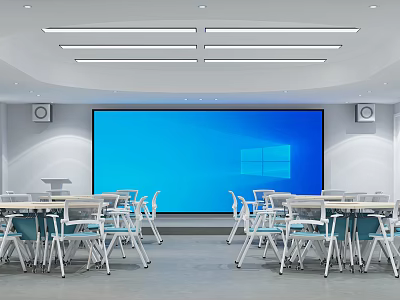 Modern School Classroom With Large Screen And Desks Chairs 3d model