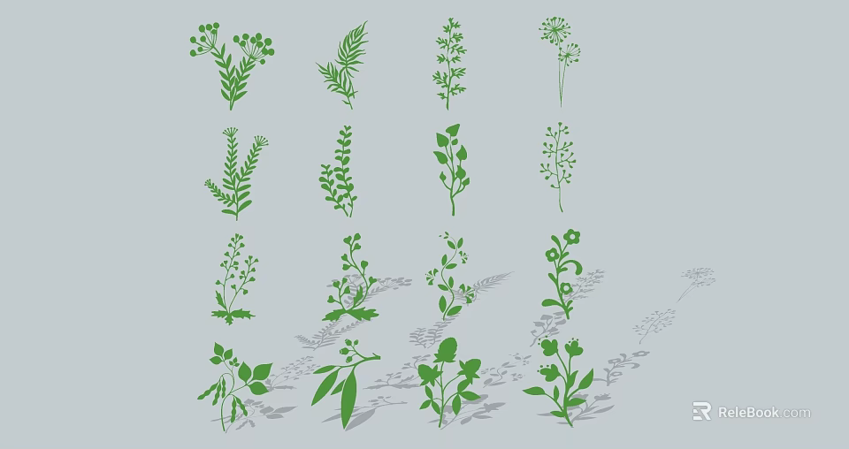 Decorative Ornament Set with Green Plant Leaves and Flowers for Home Decor 3d model 