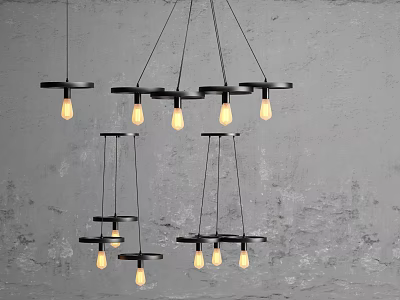 Modern Circular Frame Pendant Chandeliers With Hanging Light Bulbs In Gray Interior 3d model