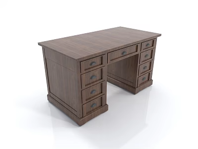 Wooden Desk With Walnut Finish Multiple Drawers And Sturdy Structure For Home Office 3d model