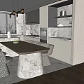 Modern Restaurant Interior With Grey Cabinets Marble Island And Dining Table Chairs