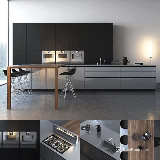 Modern Kitchen Interior With Black Silver Cabinets Island Counter And Stools 3d model 