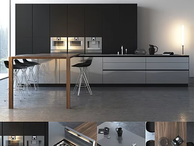Modern Kitchen Interior With Black Silver Cabinets Island Counter And Stools 3d model