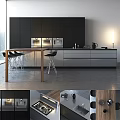 Modern Kitchen Interior With Black Silver Cabinets Island Counter And Stools 3d model