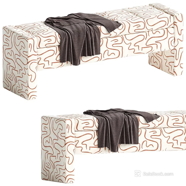 Stylish Sofa Bench With White And Brown Curved Line Pattern Topped With Dark Soft Blanket 3d model 