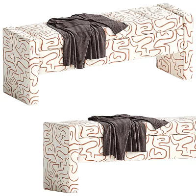 Stylish Sofa Bench With White And Brown Curved Line Pattern Topped With Dark Soft Blanket 3d model