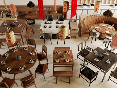 Traditional Chinese Restaurant Interior With Wooden Dining Table And Chair Sets Red Lanterns And Tableware 3d model