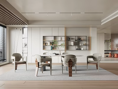 Modern Restaurant Interior Design With Dining Table Chairs Green Plants And Natural Light 3d model