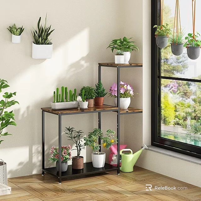 Multi Tiered Wooden Metal Shelf with Potted Plants for Indoor Window 3d model 