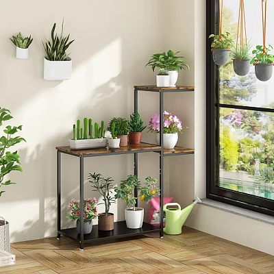 Multi Tiered Wooden Metal Shelf with Potted Plants for Indoor Window 3d model