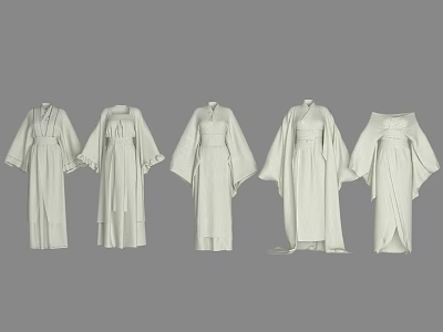 Five White Traditional Robes With Different Designs Displayed On Gray Background 3d model