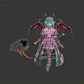 Fantasy Woman With Pink Hair Red Horns Red Wings In Green White Outfit Holding Weapon