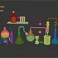Laboratory Equipment Setup With Flask Beaker Test Tubes Stand And Colored Liquids