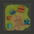Charming Cartoon Village Scene with Colorful Roofs Small Houses Green Grass Dirt Path and Wooden Fences